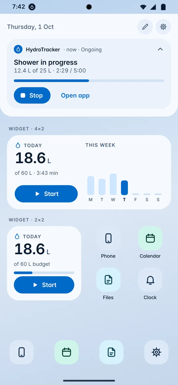 Home screen widgets showing today's water use, a Start button and a weekly chart.