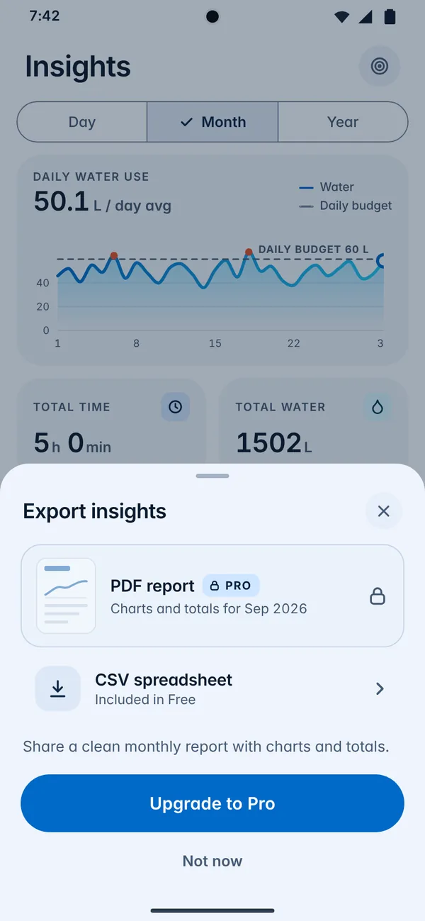 Export sheet offering a free CSV export and a Pro PDF report.