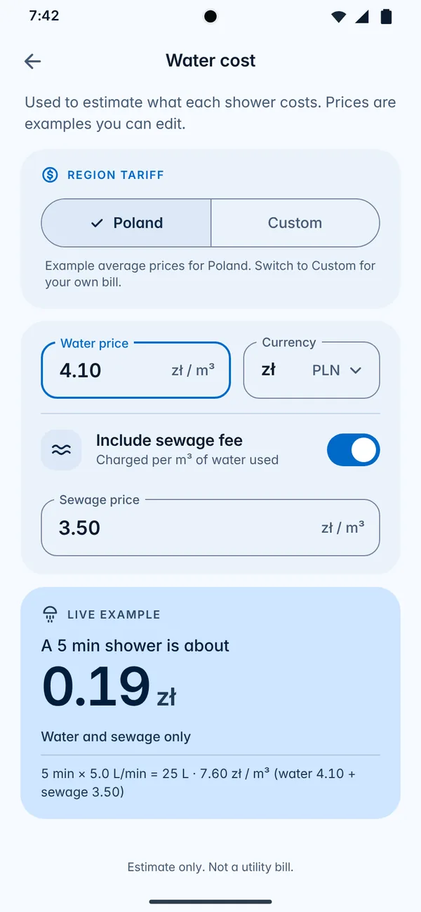 Water cost settings: editable example prices with a live estimate for one shower.